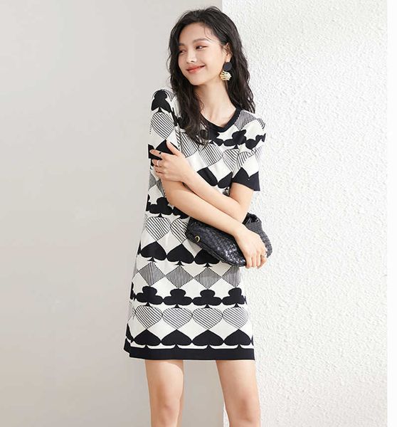 

spring summer short sleeve knit dress elegant patchwork straight dress women loose mid-long dress casual chic elegant dresses 210527, Black;gray