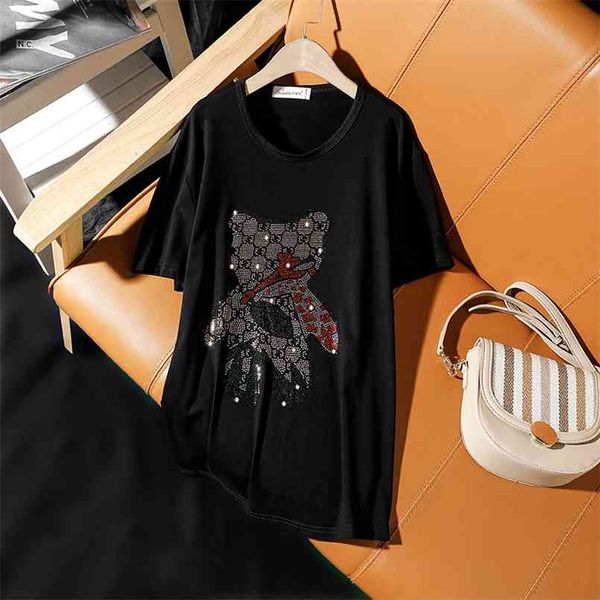

summer europe style fashion loose plue size short-sleeve t-shirt for women personality cartoon diamond female 210708, White