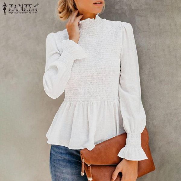 

women's blouses & shirts work ol chemise women elegant solid blouse spring casual o neck long puff sleeve shirt smocking retro f, White