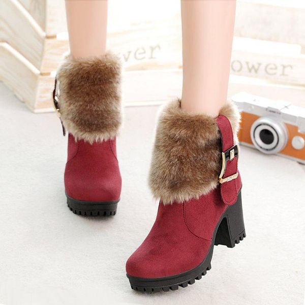 

boots women 2021 high heel plush winter female shoes buckle botines mujer ladies sdf678, Black