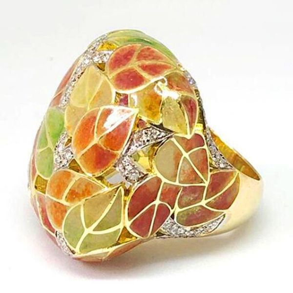 

wedding rings fashion luxury green yellow multicolor leaves enamel for women vintage gold color leaf finger ring boho jewelry, Slivery;golden