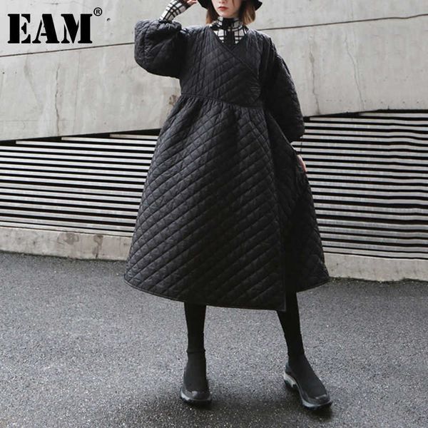 

[eam] bandage warm irregular cotton-padded coat long sleeve loose fit women parkas fashion autumn winter 1dd0731 211012, Black