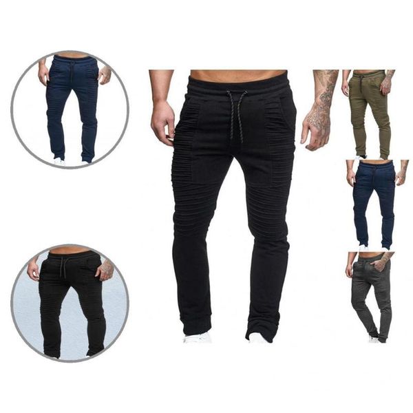 

men's pants joggers trendy striped pleated sports casual trousers solid color ankle-length pencil, Black