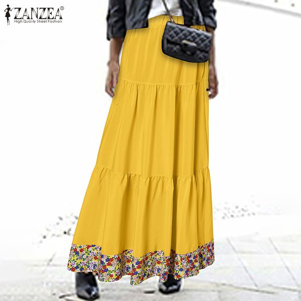 

skirts casual floral patchwork dress summer women bohemian elastic waist 2021 vintage ruffles maxi long faldas saia za3u, Black