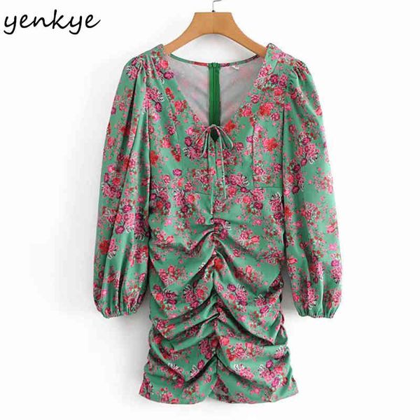 

vintage floral print draped bodycon mini dress women deep v neck lantern sleeve summer party vestido 210430, Black;gray