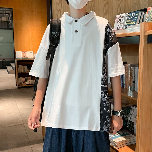 

cashew flower t-shirt men's summer loose couple short-sleeved polo shirt hong kong style trendy handsome lapel half-sleeved shirt, White;black