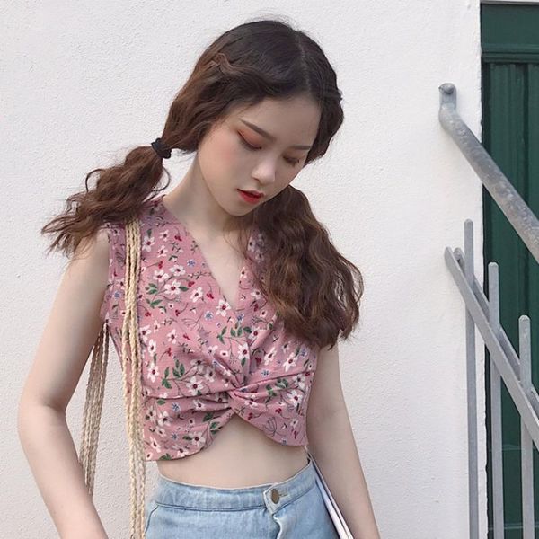 

women's blouses & shirts brand women clothes blouse 2021 summer korean fashion sweet criss cross crop floral v-neck chiffon beach shirt, White