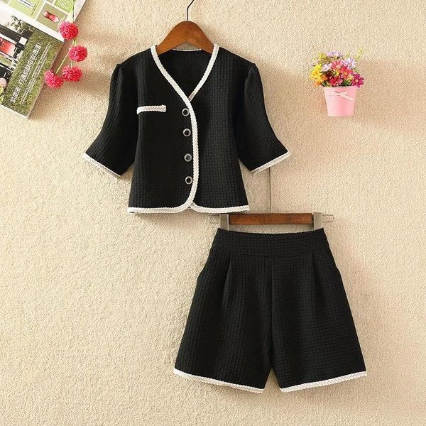 

women's tracksuits casual small fragrance suits women summer french shirt wide-leg shorts two-piece sets female white black, Gray