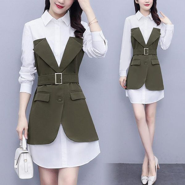 

casual dresses clothing autumn women's temperament 2021 plus size long sleeve turn down collar contrast color fake two piece shirt dress, Black;gray