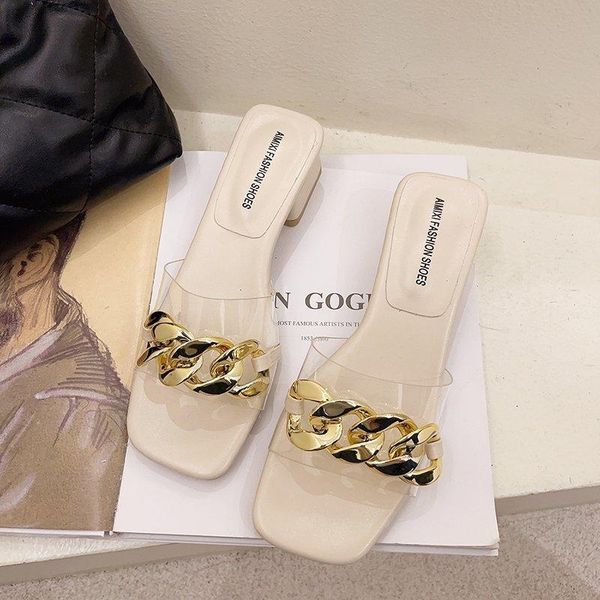 

women shoes slippers high heels 2021 pvc metal decoration design pumps female slides outside ladies flip flops dress, Black