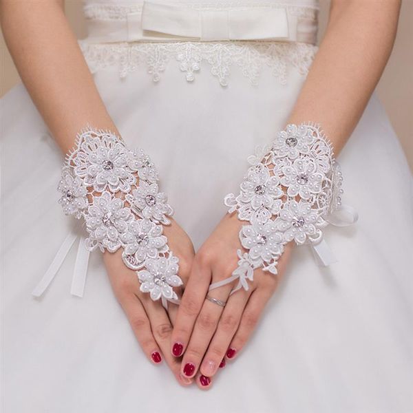 

bridal gloves flower crystal ribbon fingerless lace for prom party, White