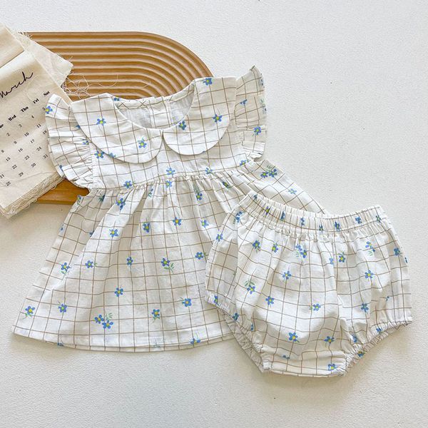 

summer children sleeveless grid floral + shorts suit 2pcs kids baby girl clothes suit infant baby girl sets, White