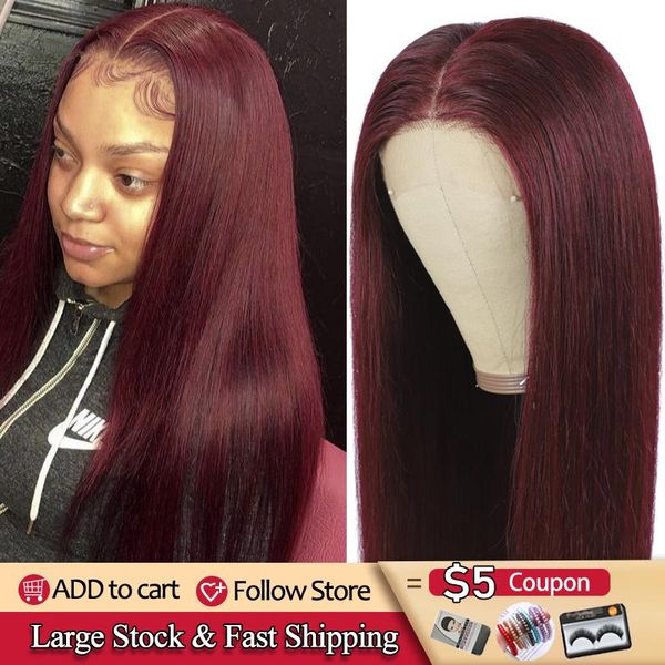 

lace wigs 4x4 closure 99j brazlian remy straight human hair for black women wig pre plucked 150%, Black;brown