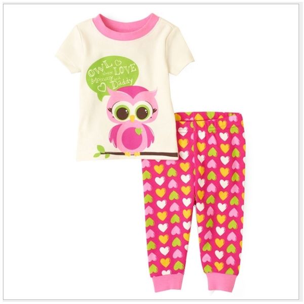 Roupas de meninas corujas cor-de-rosa conjuntos de manga curta camisetas Tops Coração Calças Pijamas de Crianças Verão Vestido de Bebé 210413