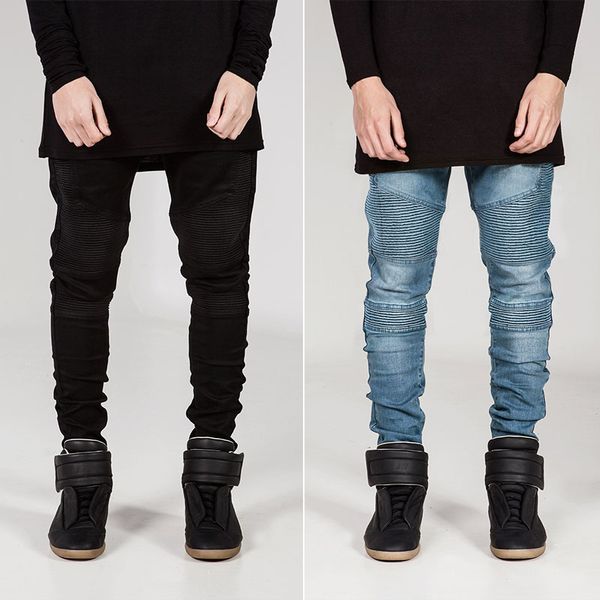 

male biker jeans denim slim-fit locomotive wrinkled micro-elastic casual jeans trousers, Blue