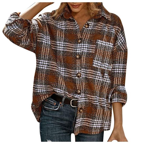 

women's jackets spring fall 2021 women color block plaid shirts button down flannel cardigan long sleeve blouse coat with pocket, Black;brown