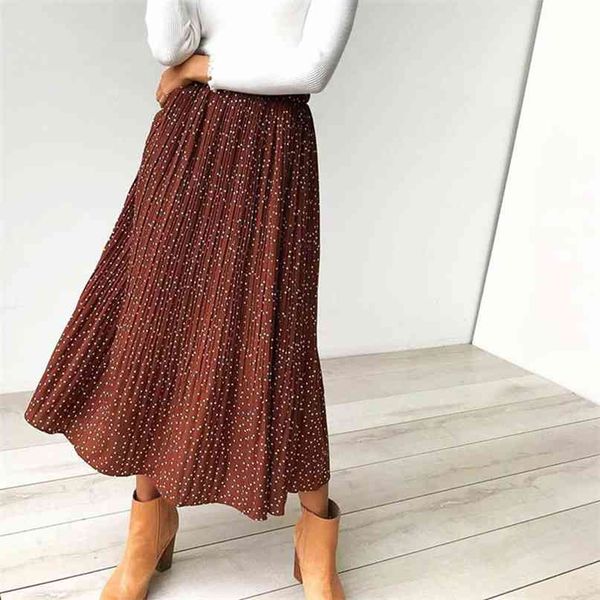 

white dots floral print pleated midi skirt women elastic high waist side pockets skirts summer elegant female bottom 210607, Black