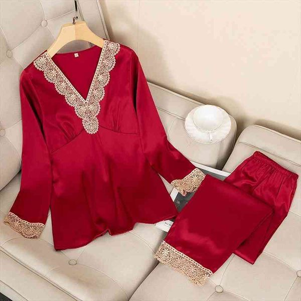 

pajamas suit satin women sleepwear long sleeve shirt amp pants 2pcs sleep set casual lace nightwear pyjamas loose intimate lingerie, Black;red