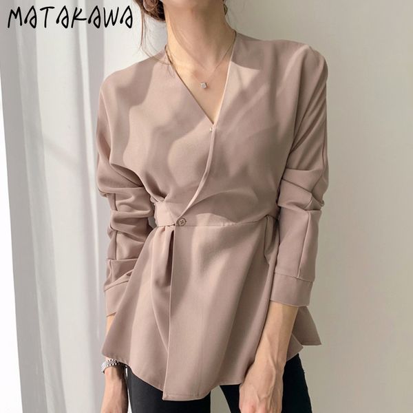 

matakawa long sleeve blusas mujer de moda korean vintage v-neck solid color blouse slim waist closing women shirts 210513, White