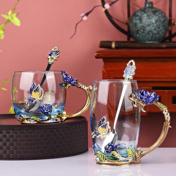 

hand paint glass tea cup enamel drinking mug with spoon butterfly design drinkware gift wine glasses
