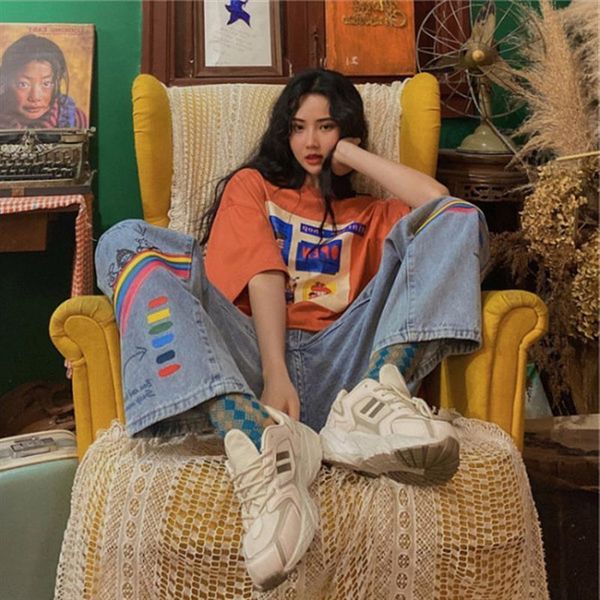 

summer vintage jeans long womens capris trousers cowboy printing wash loose casual streetwear rainbow print pants, Black;white