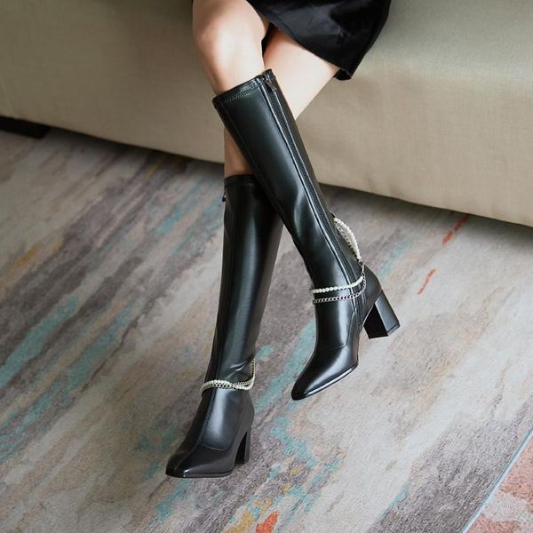 

boots 2021 autumn and winter high-heeled fashion net red same pearl chain, Black