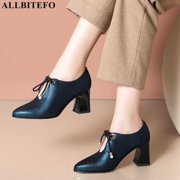 

allbitefo size 33-42 sheepskin real genuine leather women heels bow design blue fashion high heel shoes party wedding shoes 210611, Black