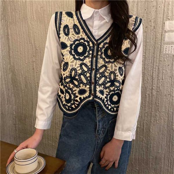 

floral crochet knitted vest women summer autumn womens retro sleeveless jacket cardigan boho bohemian embroidery waistcoat 211120, Black;white