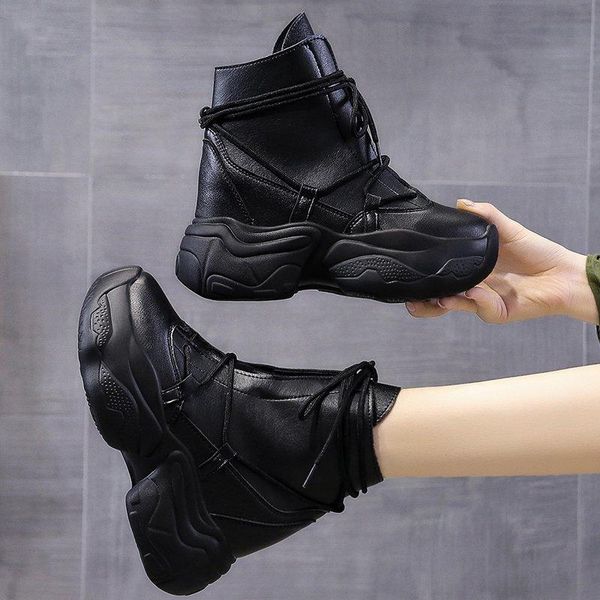 

boots winter women platform gothic chunky shoes ankle wedges round toe leather booties heels woman outdoor sport, Black