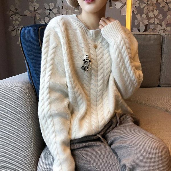 

autumn and winter thick cashmere sweater ladies round neck solid color twisted pullover loose bottoming sweate women's sweaters, White;black