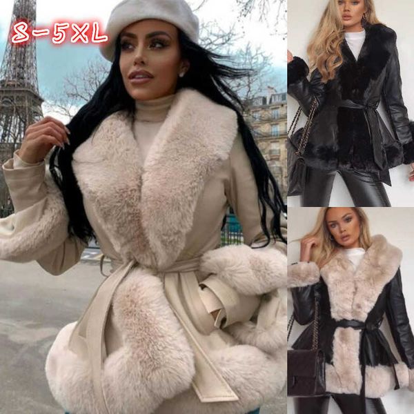 

women faux fur lapel collar leather pu warm coat with belt female elegant winter corset cardigan jacket windbreaker y0909, Black