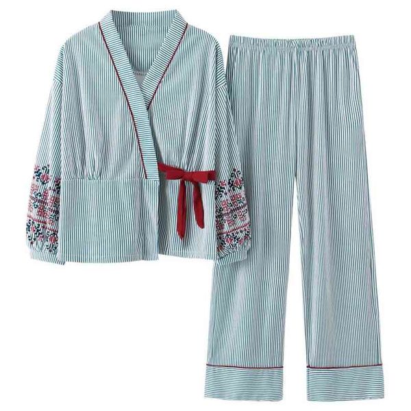 Осень Pajama Girl Pajama Наборы Прекрасный Striped Print Японские кимонос для плюс размер 3XL 100% хлопок Yukata 210809