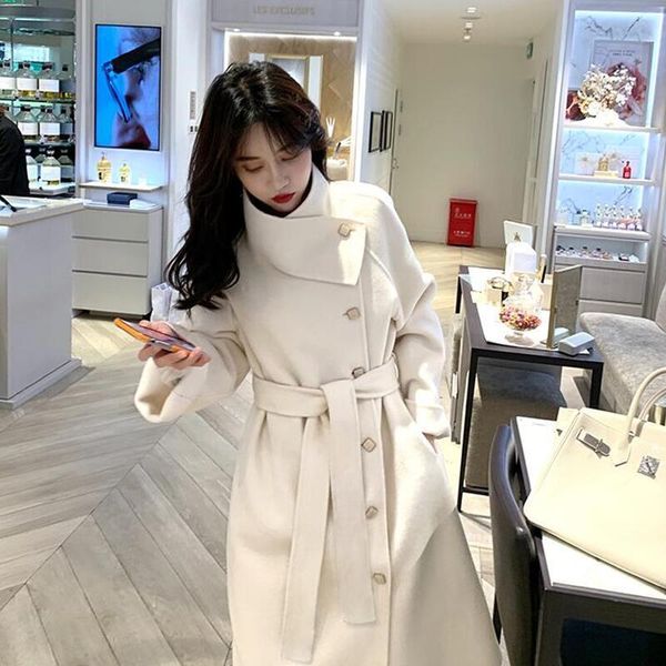 

women's wool & blends 2021women woolen coat and jacket england style sashes women long cashmer loose solid lady windbreaker, Black