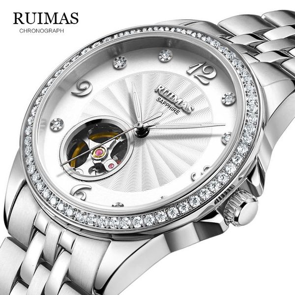 

ruimas ladies classic automatic mechanical clock self-wind carving skelet index dial fully steel women's pulse wrs6733lc-7 white, Slivery;brown