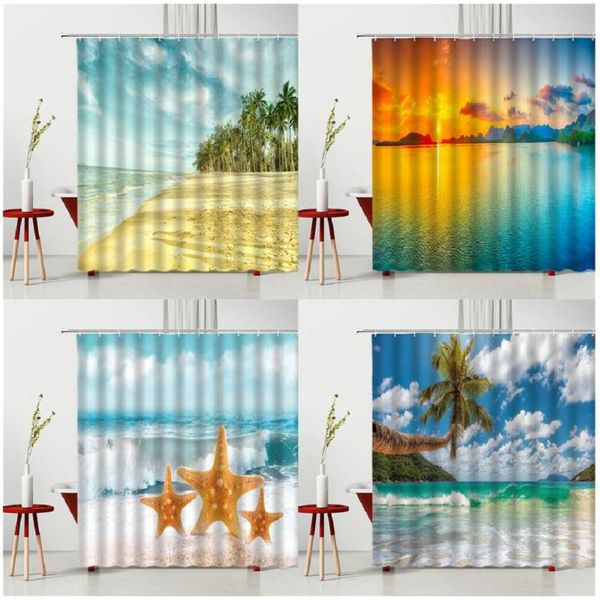 

shower curtains summer sunny beach landscape starfish shell heart-shaped bathtub decoration bathroom screen multiple size