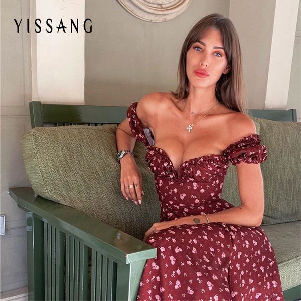 

yissang floral printing women sundress 2021 summer off shoulder ruffles beach dress strapless side high split long dresses, Black;gray