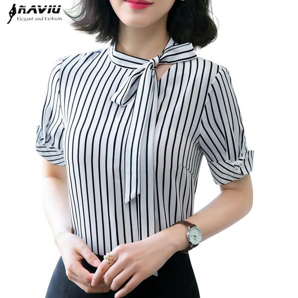 

women's blouses & shirts elegant women stripes shirt 2021 summer fashion temperament bow chiffon office ladies formal plus size work, White