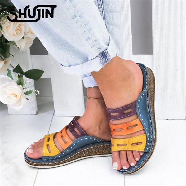 

slippers women summer platform female patchwork flip flops lady casual wedges sewing sandals comfortable dialy shoes, Black