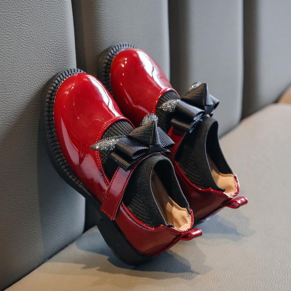 

flat shoes fashion bow girls princess leather knitting patchwork flats kids party anti slip soft bottom children loafers mary janes, Black;grey