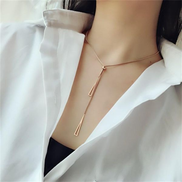 

pendant necklaces yun ruo rose gold color triangle tassels necklace titanium steel jewelry woman christmas gift never fade drop, Silver
