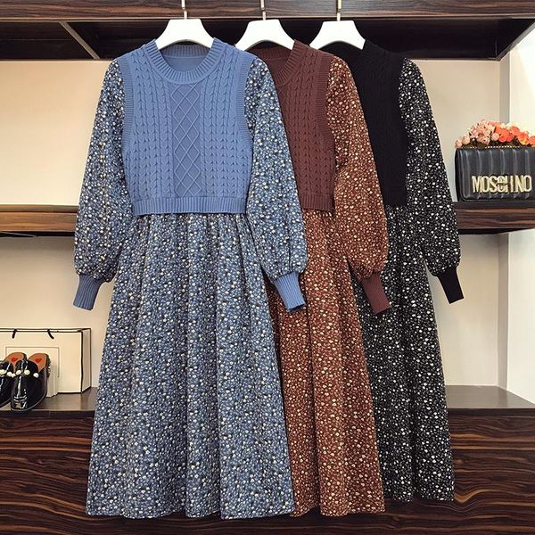 

casual dresses ehqaxin women knitted stitching 2021 autumn long floral loose sweater high waist a-line dress ladies l-4xl, Black;gray