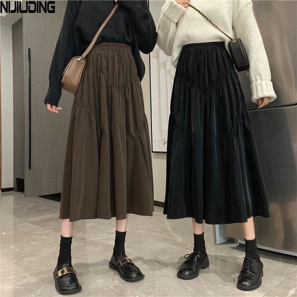 

women irregular pleated suede leather skirts autumn winter solid high waist vinatge faux a-line skirt mujer faldas 210514, Black