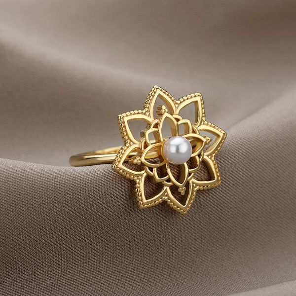 

cluster rings lotus pearl ring stainless steel gold silver color flower for women vintage couple aesthetic jewelry gift bague femme, Golden;silver