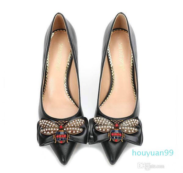 

luxury designer trendy women pumps ribbon bowtie big bees high-heeled shoes bride pointed wedding shoes 2021, Black