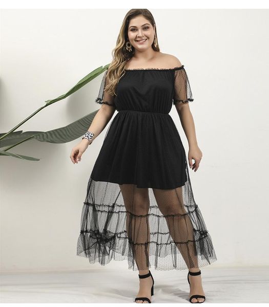 

plus size dresses black double layered mesh dress women off shoulder short sleeve party for woman 2021 summer female clothes