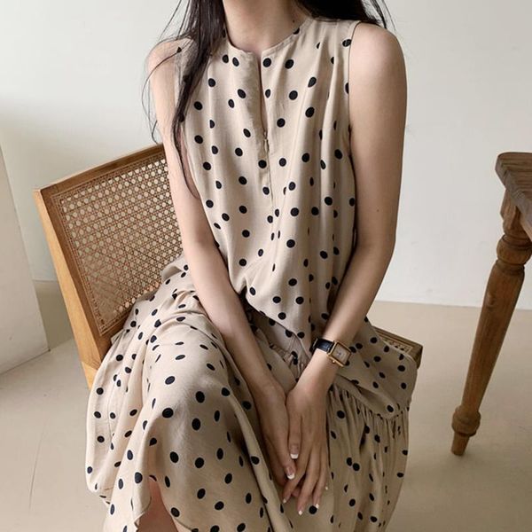 

casual dresses vintage polk dot long dress women 2021 summer korean elegant sleeveless a-line midi loose holiday vestidos, Black;gray