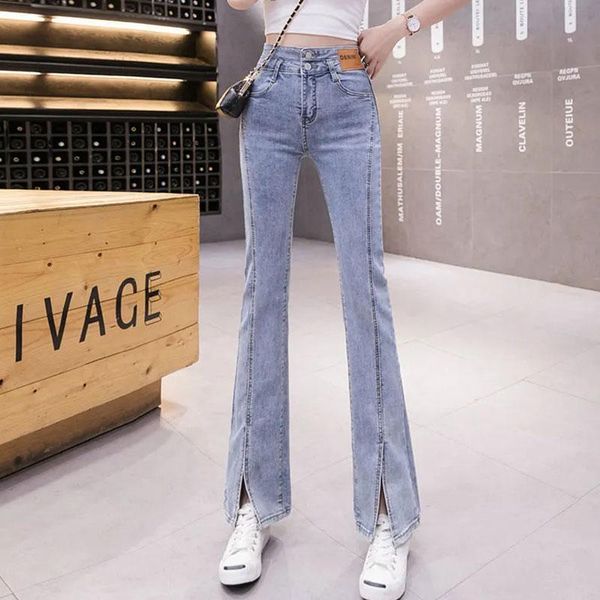 

women's jeans flared women retro denim thin high waist fashion stretch pocket trousers wide leg, Blue