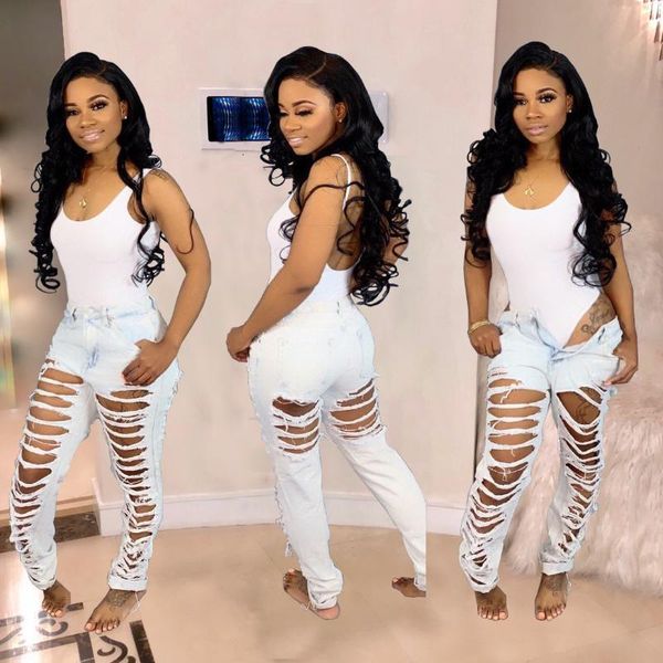 

women's jeans fashion casual womens denim solid hole skinny high waist pencil pants trousers hwex, Blue