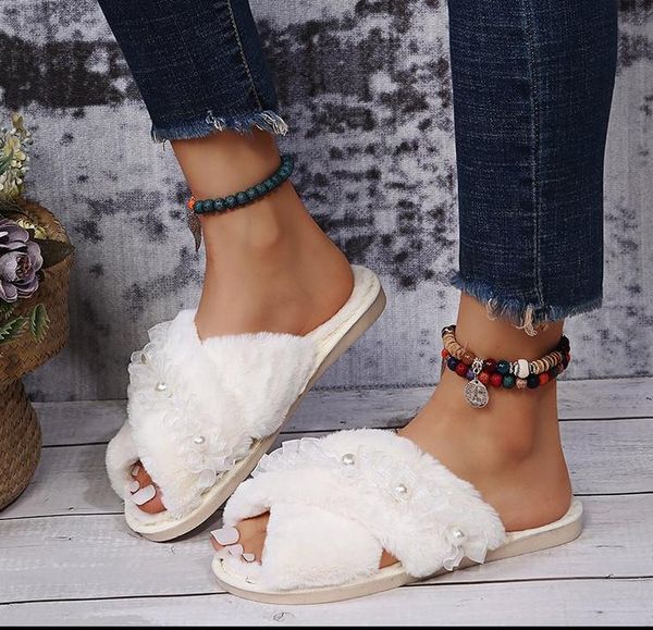 

slippers fashion indoor winter furry woman shoes women sandals flip flops antiskid flat slides crystal velvet, Black