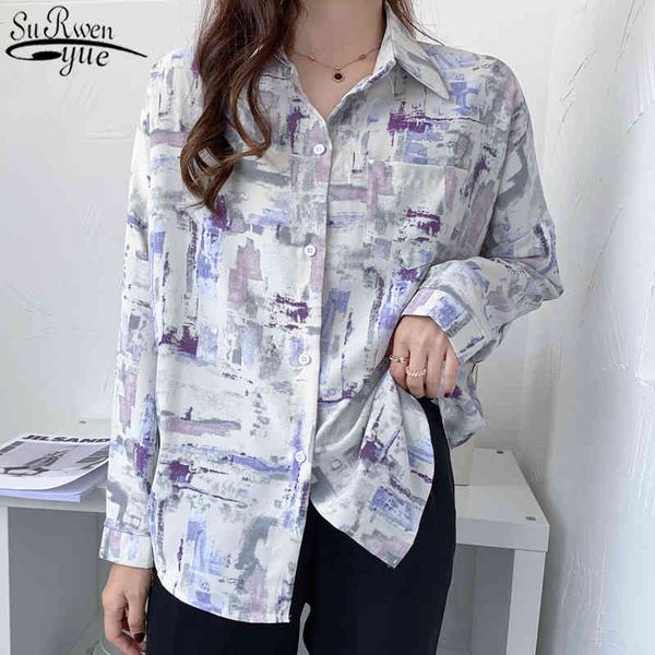 

korean autumn vintage long sleeve women's blouse fashion painting printed chiffon single breasted shirts women 11139 210427, White